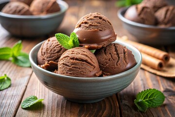 Homemade chocolate ice cream balls in a glass bowl on the table