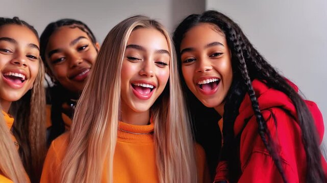  Group Selfie of Diverse Teens Laughing Outdoors. Video capturing a joyful group of teenagers taking a selfie in natural light, ideal for youth and friendship content.
