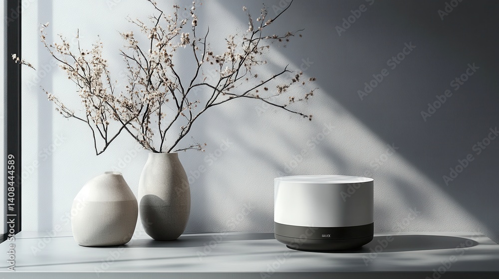 Poster minimalist black bowls on a light gray surface with soft shadows in a contemporary kitchen setting, 