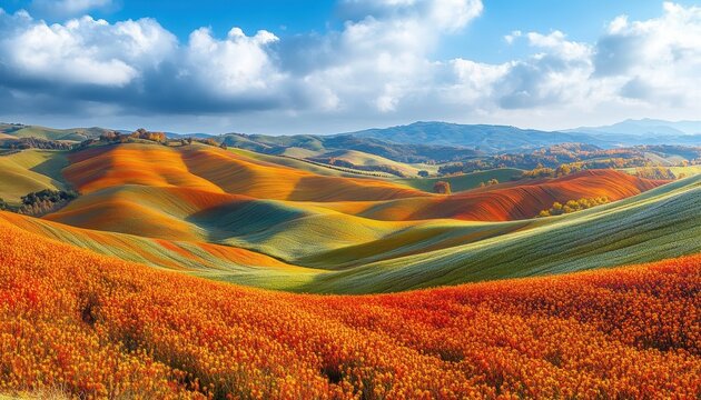 Vibrant autumn colors fill rolling hills in a countryside landscape during daytime with varying shades of orange and green under a dramatic sky