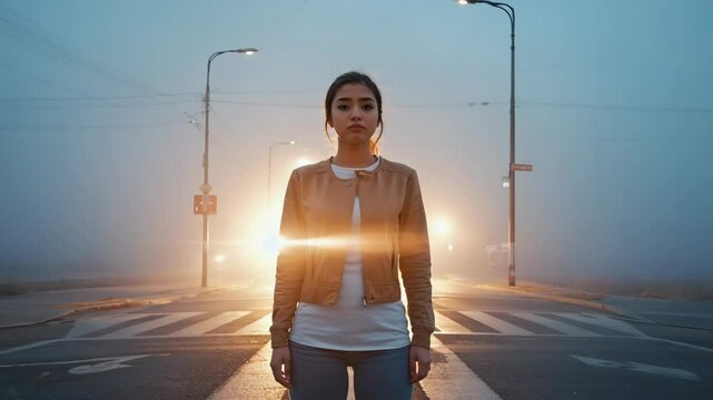 Contemplative woman standing on zebra crossing in dense fog on an urban road at night