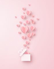 Paper flying elements with open gift box on pink background. Vector symbols of love for Happy Women's, Mother's, Valentine's Day, birthday greeting card design