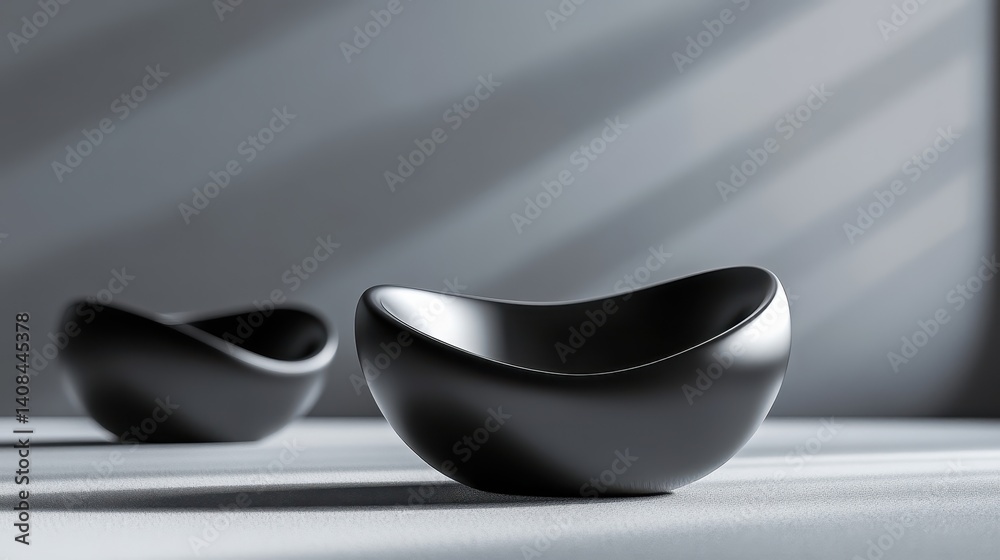 Poster minimalist black bowls on a light gray surface with soft shadows in a contemporary kitchen setting, 