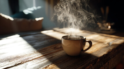 Obraz premium a steaming cup coffee on a rustic wooden table, with a warm, inviting atmosphere and soft morning light