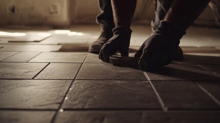 Mason laying tiles on a kitchen floor. Featuring technique and attention to detail