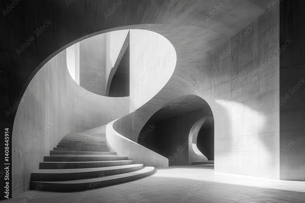 Poster Modern spiral staircase design with smooth concrete surfaces in an architectural space featuring minimalistic elements and soft lighting