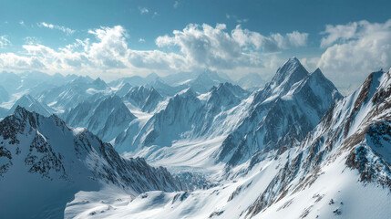 Obraz premium Admire majestic snow-covered mountains stretching broadly under a brilliant sky, inspiring awe and limitless imagination.