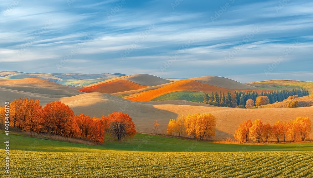 Poster vibrant autumn colors fill rolling hills in a countryside landscape during daytime with varying shad