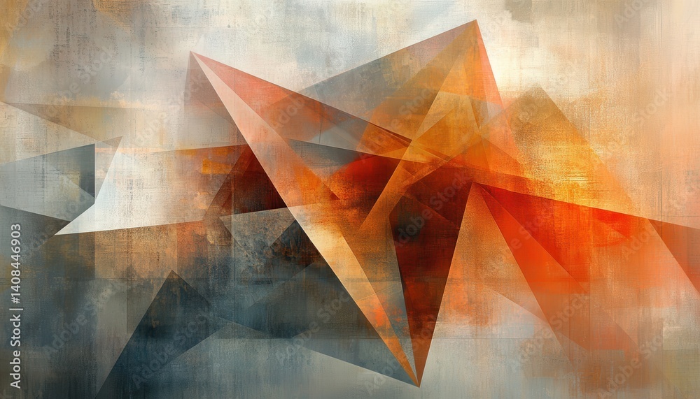 Poster colorful abstract composition displaying dynamic geometric shapes in shades of orange, red, and gray