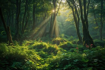 Obraz premium Radiant Sunlight and Thriving Forest Ecosystems in the Understory