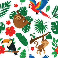 Seamless tropical pattern with jungle animals, leaves and flowers. Sloth, monkey, toucan and parrot in rainforest design. Cute flat vector background for kids and summer decor. © Hanna Bykova