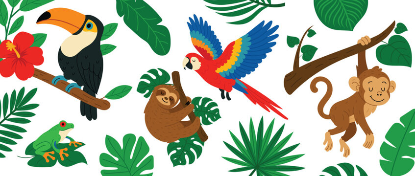 Set of cute tropical animals and jungle leaves. Cartoon monkey, parrot, toucan, sloth and frog with exotic foliage. Flat vector illustration for kids and nature themes.