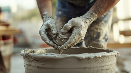 Mason mixing mortar for brick laying. Featuring technique and preparation