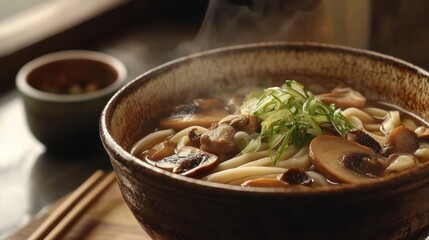 Asian udon ramen with mushrooms and scallions