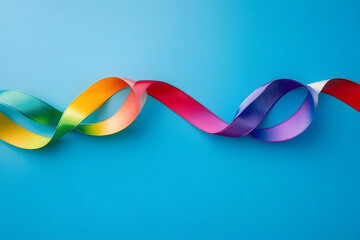 Autism acceptance month, Autism awareness day concept. Rainbow colors ribbons in shape of infinity loop on blue background. Infinity is symbol of autism disorder, adhd, neurodiversity