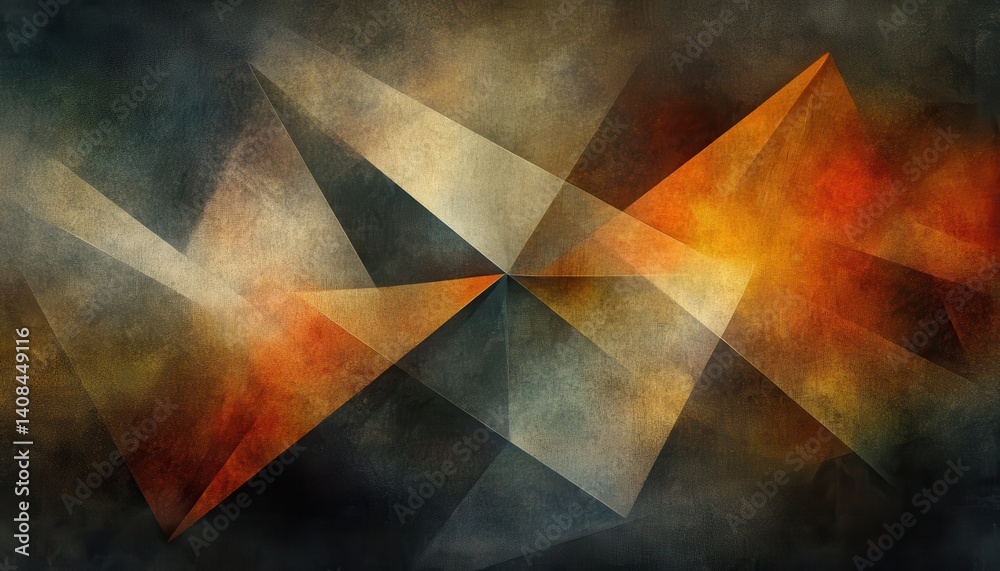 Poster colorful abstract composition displaying dynamic geometric shapes in shades of orange, red, and gray