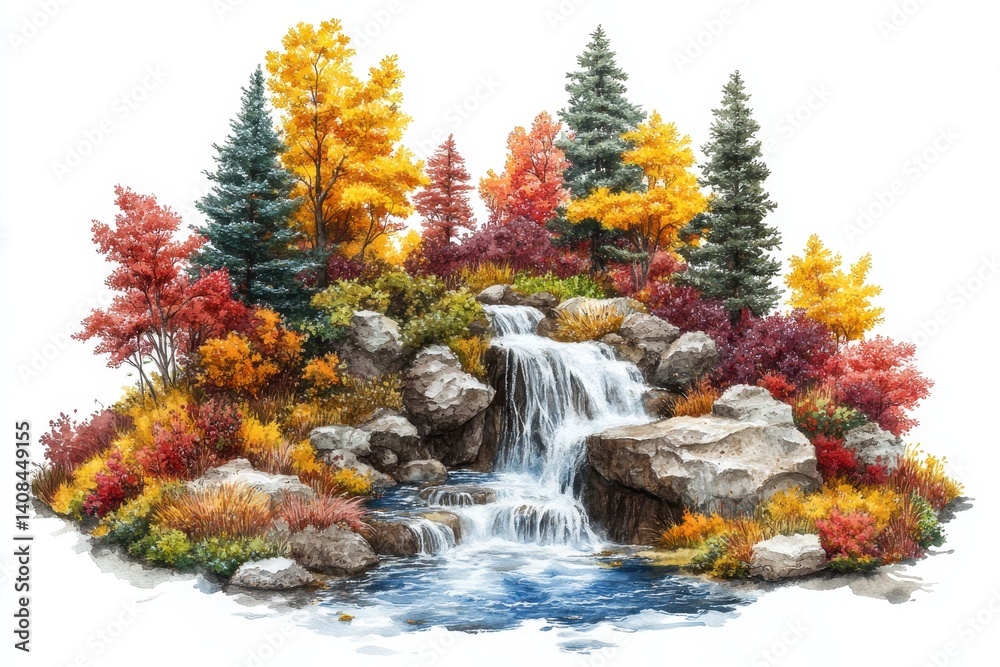 Aufkleber Vibrant autumn landscape with a serene waterfall cascading over rocks surrounded by colorful trees in a tranquil setting