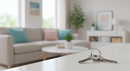 Close-up of a set of house keys on a modern coffee table, with a stylish living room in the background featuring a comfortable sofa and decorative pillows