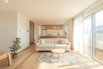 A sleek minimalist living room with light wood flooring, a simple beige sofa, a small geometric rug, and bright natural light filling the space with warmth