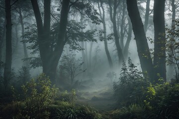 Fototapeta premium Fog-Choked and Shadow-Packed Woodland Backdrop with Free Space and Plant Diversity