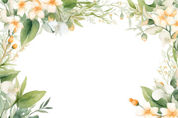 Naklejka premium Delicate floral border in watercolor featuring soft green foliage and small orange blossoms