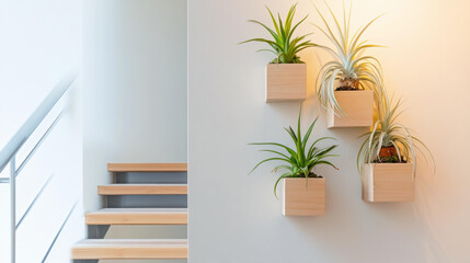 Fototapeta premium Stylish wall-mounted planters with green plants enhancing modern home decor next to wooden staircase