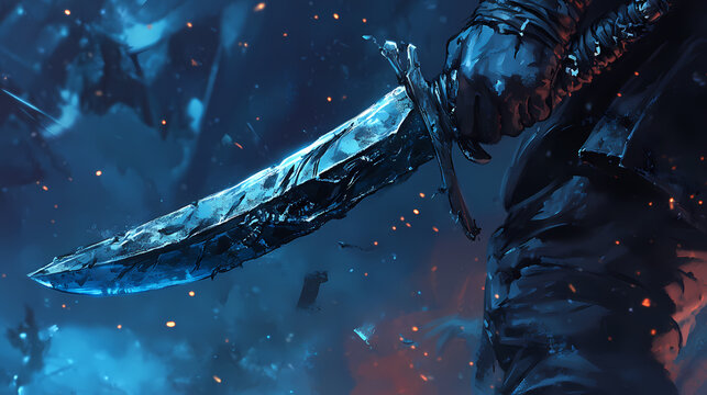 Nightmare realm cold cobalt dirk with fear-absorbing grip. Cursed Alloy. Illustration