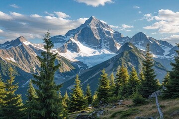 Obraz premium Stunning Mountain View with Evergreen Spruce and Fir Forest Background