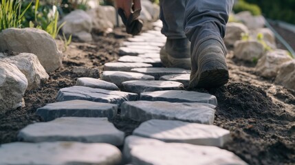 Mason preparing a stone pathway for a garden. Featuring design and skill