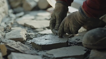Mason preparing cement for a stone pathway. Featuring technical skill and precision