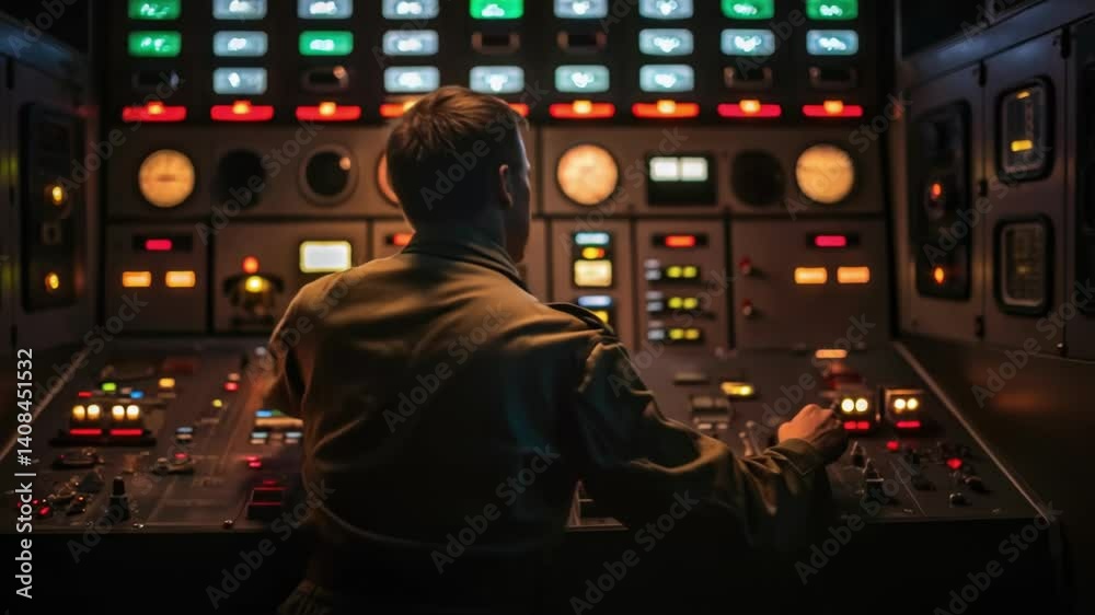 Aufkleber Control room engineer managing complex systems, monitoring data, and adjusting controls on a sophisticated panel, ensuring smooth operations in a secure environment