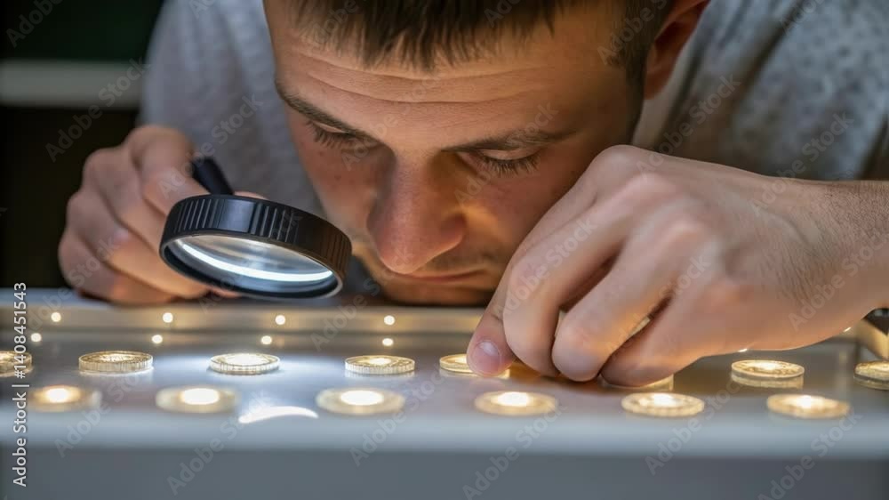 Poster quality control engineer examining illuminated led panel through magnifying glass, meticulously insp