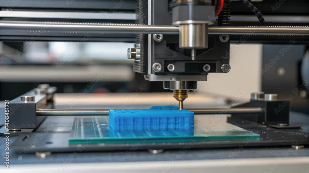 Leinwandbilder advanced 3d printer fabricating blue plastic component on transparent glass platform, progressively 