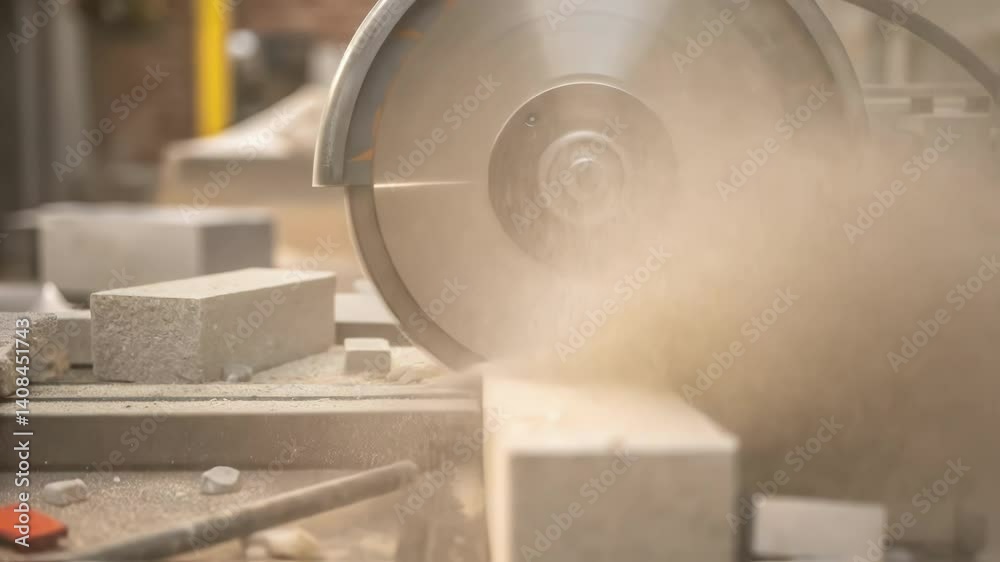 Aufkleber Dust flies as a circular saw cuts through concrete blocks in a workshop, creating a cloud of particles and demonstrating the power of the tool