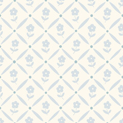 Delicate blue and cream floral and diamond grid vector seamless pattern. Vintage geometric hand-drawn print for traditional textiles with romantic simple daisy flowers and classic cottagecore trellis