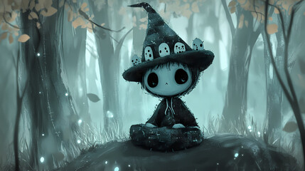 Whimsical, eerie character with stitched features, sitting in a pale forest, adorned with cute ghostly figures on the hat. Phantom Stitching. Illustration
