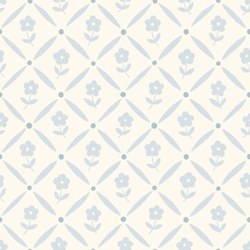 Delicate blue and cream floral and diamond grid vector seamless pattern. Vintage geometric hand-drawn print for traditional textiles with romantic simple daisy flowers and classic cottagecore trellis