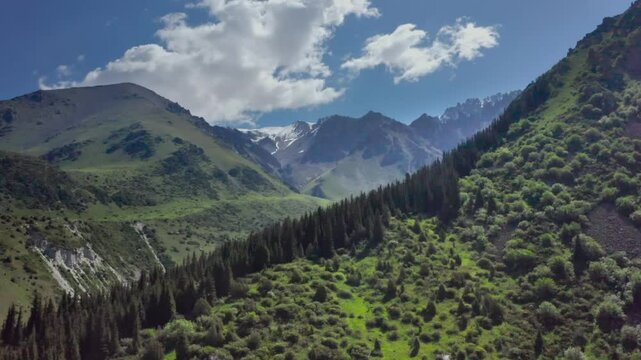 This drone footage captures the vast landscape of Ala Archa National Park, located 35 km south of Bishkek, Kyrgyzstan, showcasing its rugged beauty.