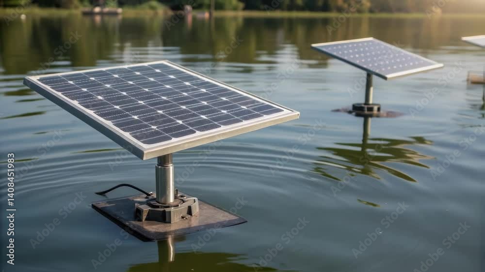 Poster compact photovoltaic panels floating on serene lake surface, generating clean renewable energy and r