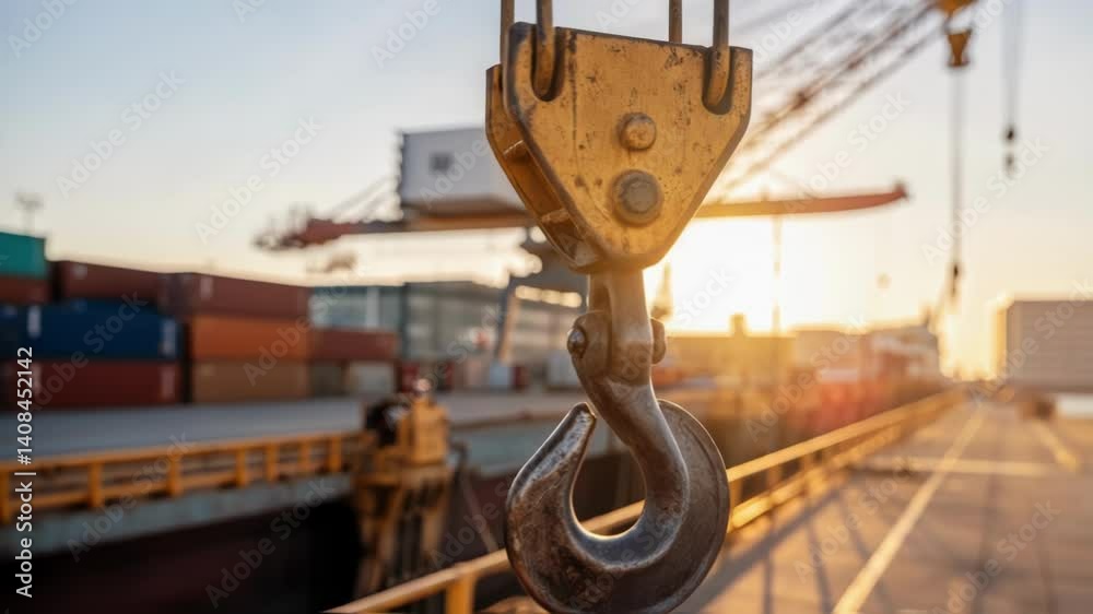 Poster close up view of a crane hook hanging in a shipping port at sunset, with cargo ships and containers 
