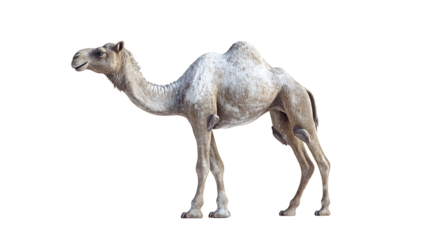 A dromedary camel standing light brown and white coat isolated on black background