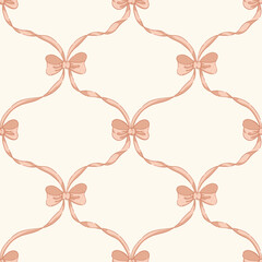 Romantic Grandmillennial blush bows and ribbon ogee trellis vector seamless pattern pattern on cream background. Vintage decorative cottagecore print for textiles, wedding, nursery, wallpaper