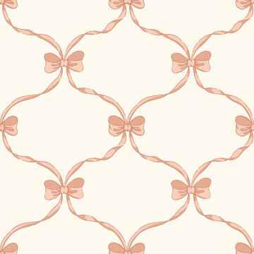 Romantic Grandmillennial blush bows and ribbon ogee trellis vector seamless pattern pattern on cream background. Vintage decorative cottagecore print for textiles, wedding, nursery, wallpaper