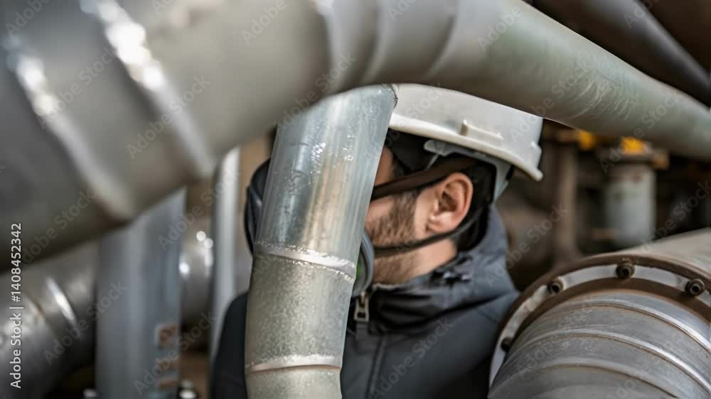 Poster Industrial engineer wearing a protective mask and hardhat carefully inspects a complex network of pipes in a factory setting, ensuring safety and proper functionality