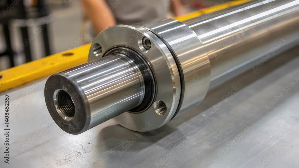 Poster Linear motion shaft smoothly rotating on metallic factory table, demonstrating precision engineering and mechanical movement in industrial manufacturing environment