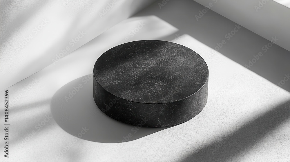 Poster Elegant black bowl on a minimalist surface illuminated by natural light with soft shadows, creating a serene and modern atmosphere in a contemporary setting