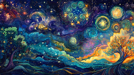 Fototapeta premium A swirling cosmic dance of vibrant hues, with swirling nebulae and twinkling stars, paints a captivating tapestry of celestial wonder. Astral Tapestry. Illustration