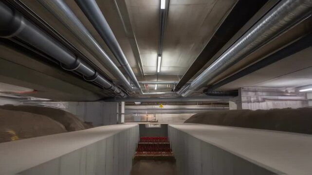 Underground corridor revealing industrial infrastructure with exposed pipes and sandy terrain, camera gliding forward in immersive point of view perspective through dimly lit subterranean passage