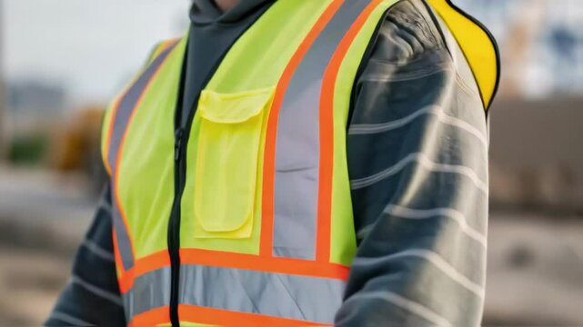 Close up of a construction worker wearing a high visibility safety vest on a construction site, ensuring safety and compliance with regulations