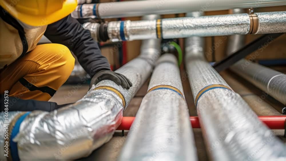 Poster maintenance professional wearing protective gear examining insulated hvac pipes inside mechanical in